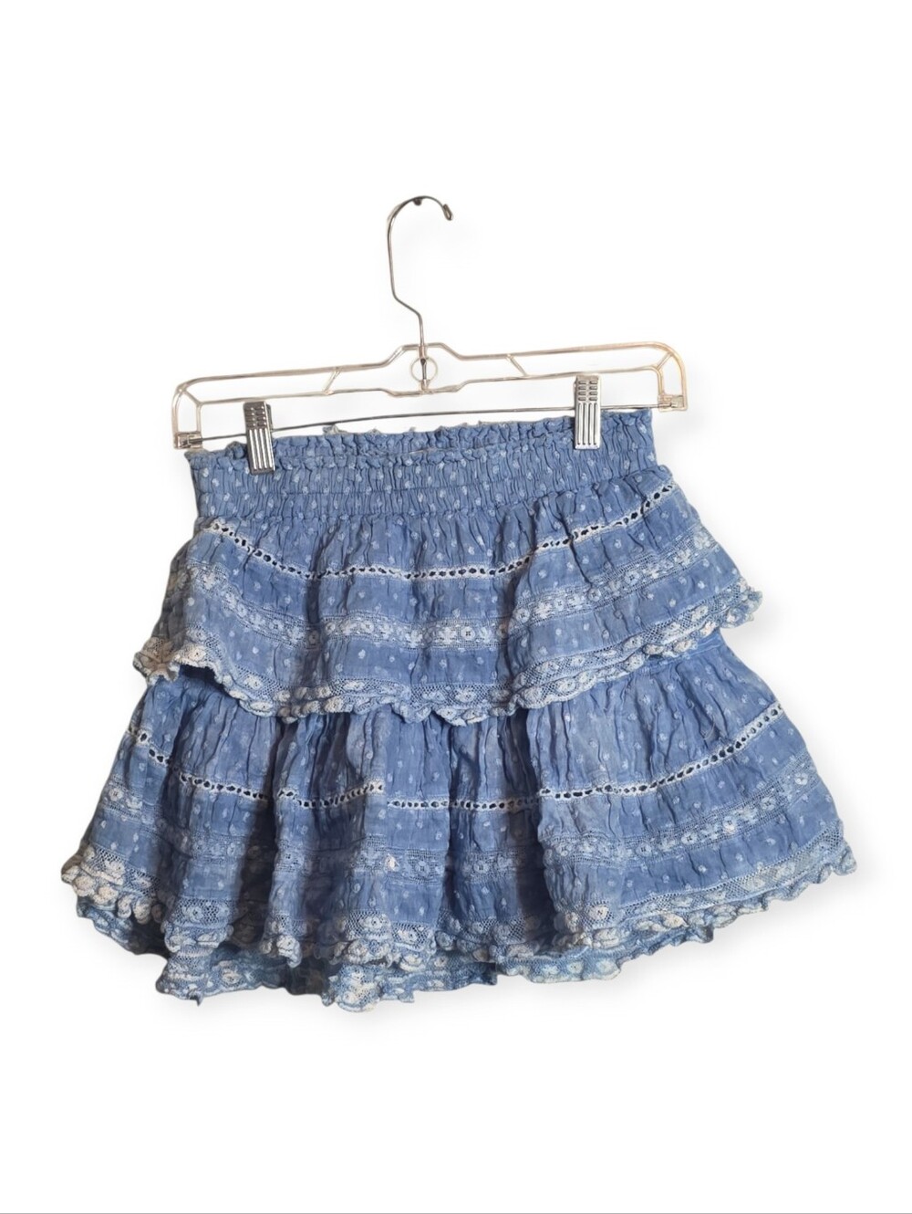Women's LoveShackFancy mini, ruffle, lace blue tye dye skirt, size small
